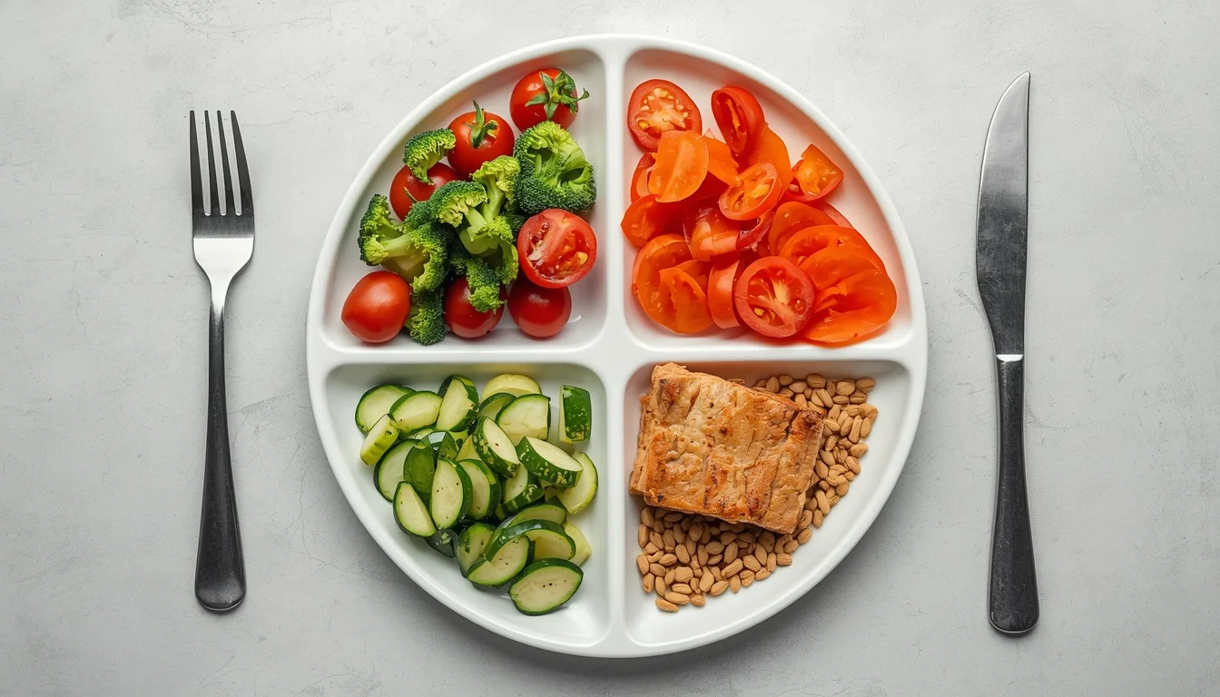 Balanced healthy plate with vegetables and lean protein for weight loss
