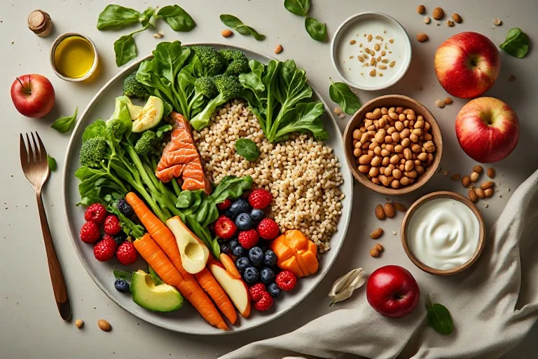 Balanced nutritious meal with vegetables whole grains and protein